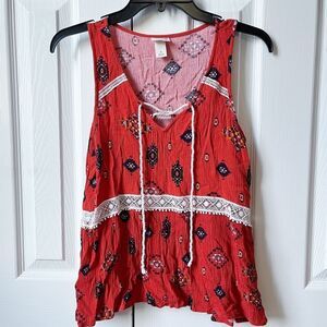 Mossimo Patterned Lace Orange Tassel Sleeveless V-Neck Tank Top Blouse EUC Small